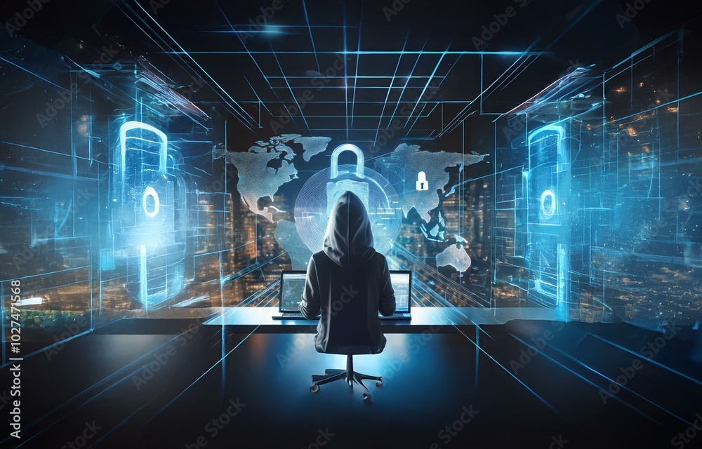 Poster A hooded figure sits at a desk, facing two laptops with glowing screens. A large world map is displayed behind the person, surrounded by digital locks and security symbols.