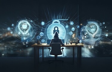 A hooded figure sits at a desk in front of a laptop, surrounded by glowing digital displays featuring a large padlock icon.