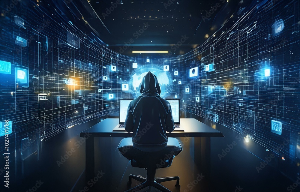 Poster A hooded figure sits in front of two computer screens, surrounded by glowing digital patterns and symbols, suggesting a dark and mysterious digital world.