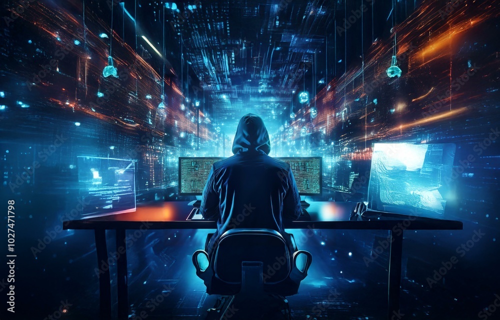 Poster a hooded figure sits in a dark room, facing a computer screen. the room is filled with blue and oran