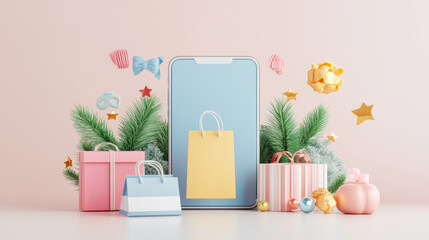 A festive smartphone surrounded by colorful gifts and decorations creates cheerful holiday atmosphere. vibrant colors and playful elements evoke sense of joy and celebration