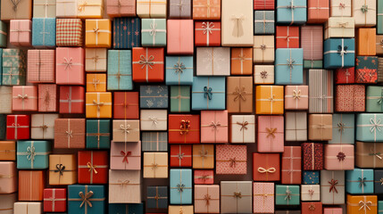 Colorful gift boxes stacked together create vibrant and festive atmosphere, perfect for celebrations and special occasions. variety of sizes and patterns adds to joyful feeling