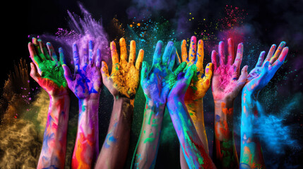 A group of people are holding hands and covered in colorful powder. Concept of unity and celebration, as the people are all wearing different colors and seem to be enjoying themselves