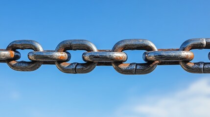 Fototapeta premium A close-up of an old, weathered metal chain set against a clear, vibrant blue sky background, symbolizing strength and unity through its linked structure.