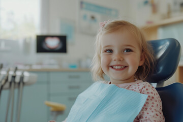 Obraz premium Smiling little girl sitting in a dental chair
