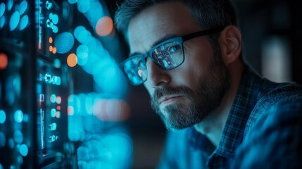 A man wearing glasses focuses intently on lit servers, reflecting diligence and concentration while working in a high-tech environment during nighttime.