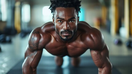 Fototapeta premium A strong and determined man performs an intense push-up exercise on the gym floor, showcasing his muscular physique and unwavering focus on fitness.