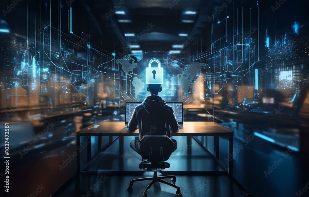 Poster A person sits in a dark room in front of a computer, with a glowing padlock icon hovering over their head.