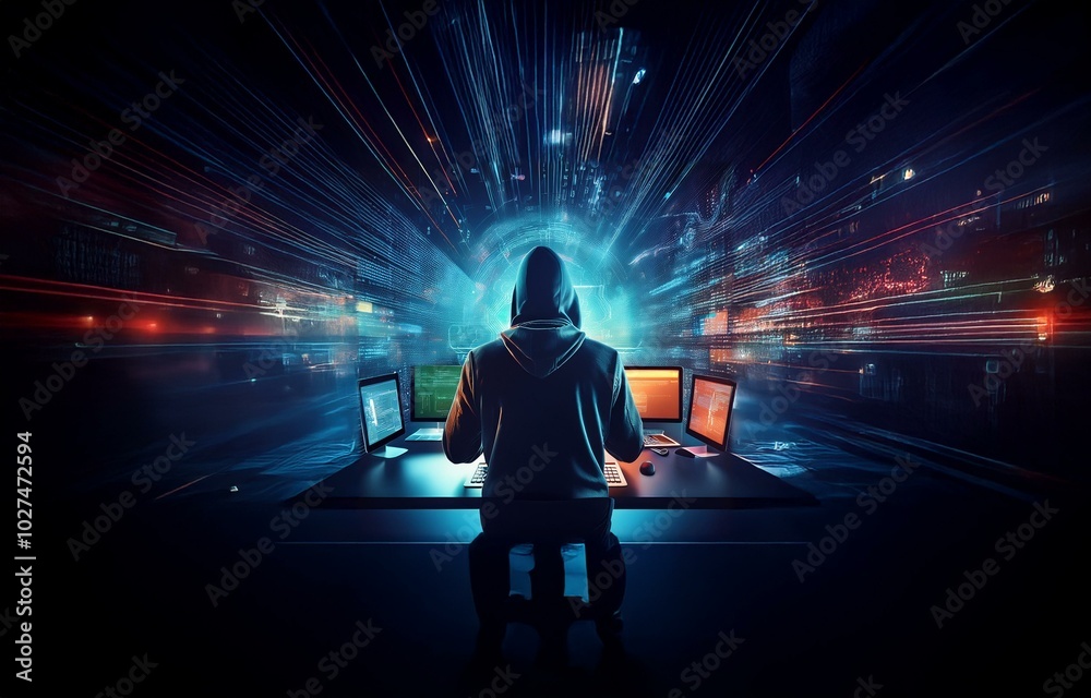 Poster A hooded figure sits at a desk in front of three computer monitors with glowing screens, surrounded by streaks of digital light.