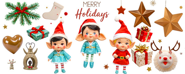 Holiday Cheer: A festive collection of Christmas elves, ornaments, and holiday symbols, radiating joy and warmth for the season. This image captures the essence of holiday spirit.