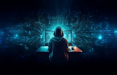 A hooded figure sits in front of a glowing computer screen, surrounded by blue digital lines,  working in the dark.
