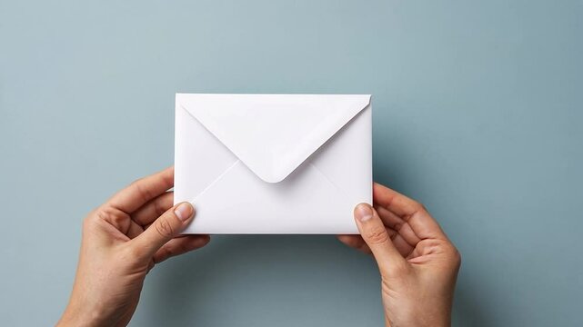 Two light-skinned hands holding a white envelope against a blue background. The envelope is rectangular with a triangular flap. The hands have neat nails. The design is simple. 