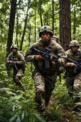 Fototapeta premium A soldier trudges through a dense jungle during a thunderstorm, with heavy rain falling and lightning illuminating the ominous forest.