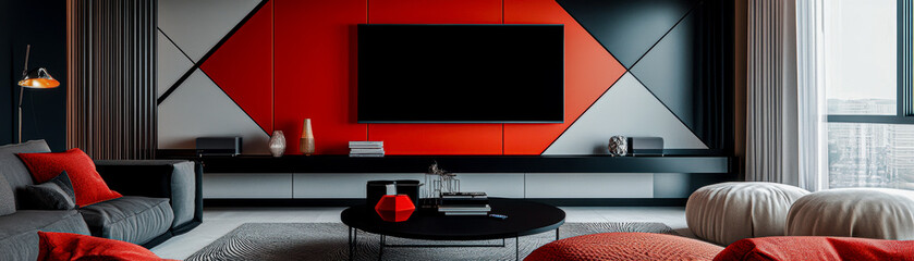 A living room with a red and white wall and a black and white television