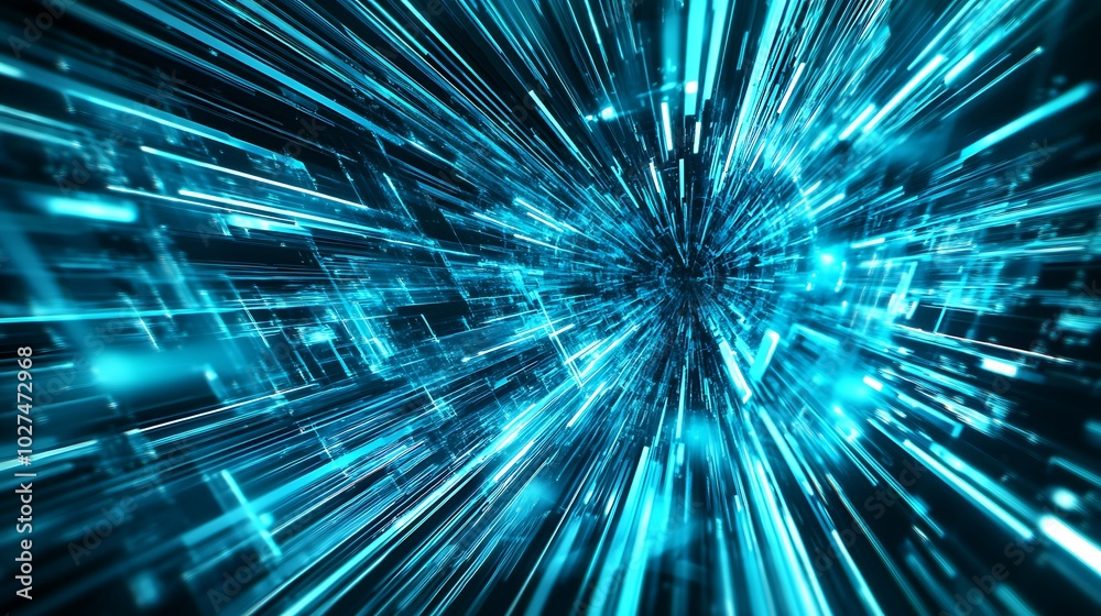 Poster abstract blue lines with speed lines radiating from a central black hole.