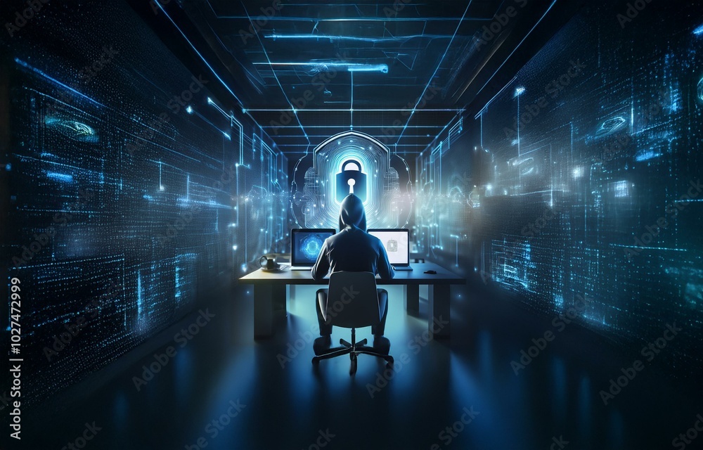 Fototapete A hooded figure sits at a desk in a dark room, facing two glowing computer screens with a large lock icon hovering above them.