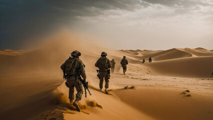 A group of soldiers navigate through a desert landscape during a sandstorm, showcasing military operations in harsh environments.