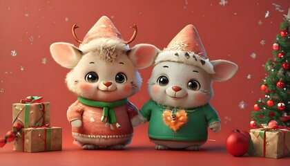 Naklejka premium Cute animal character for Christmas. Generative AI.