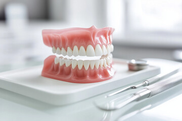 Dental model showing a pair of dentures on a tray
