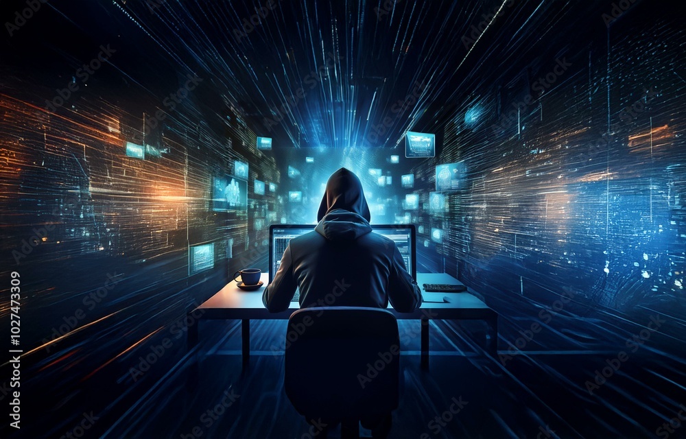 Aufkleber a hooded figure sits in front of a glowing computer screen. the background is a dark blue with brigh