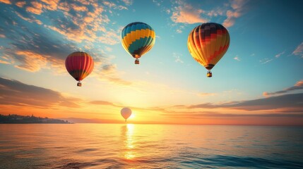 Obraz premium Vibrant hot air balloons drift serenely over tranquil waters as the sun sets, casting a warm glow across the sky and sea. Generative AI