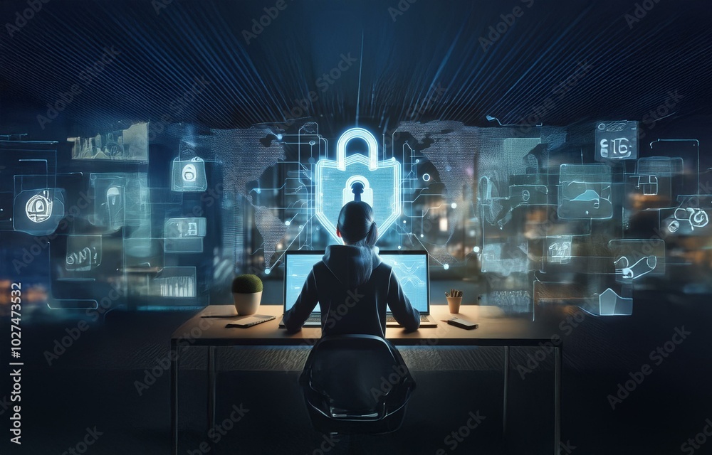 Poster a person sits at a desk in a dark room, working on a laptop, with a glowing lock symbol and digital 