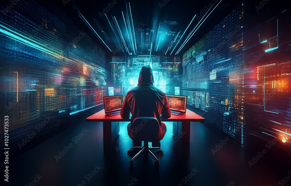 Poster A hooded figure sits at a desk in a dark room illuminated by blue and red lights, facing multiple computer screens displaying lines of code.