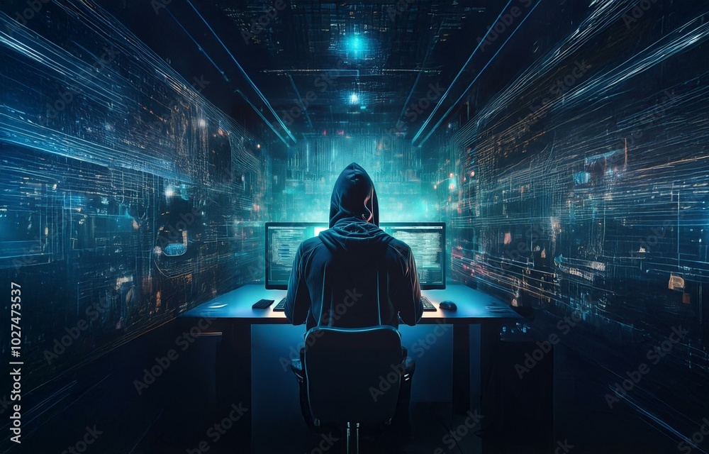 Poster A hooded figure sits at a computer in a dark room, surrounded by glowing digital patterns.