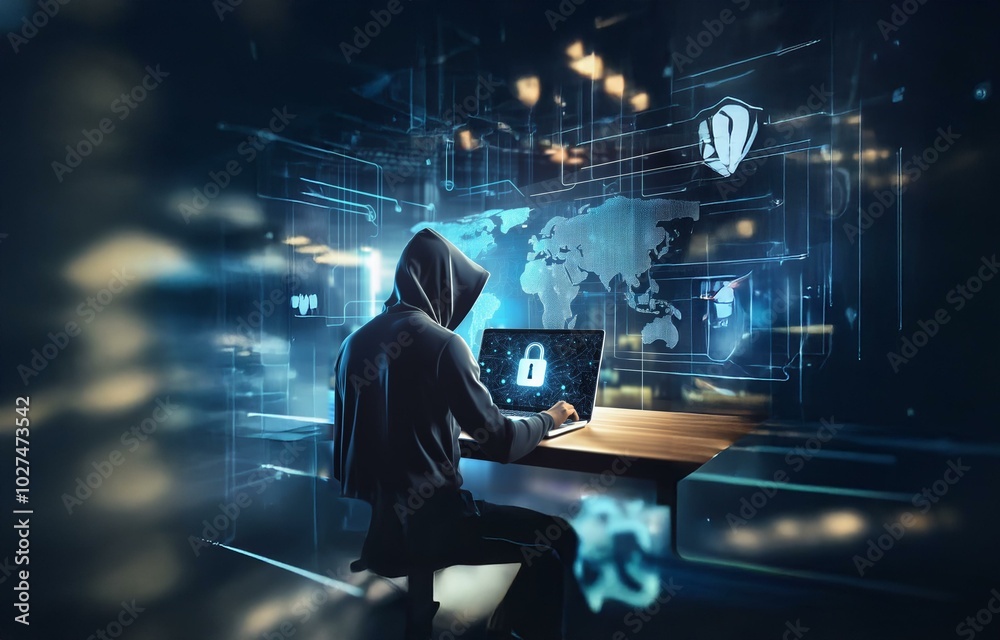 Poster a hooded figure sits at a desk in front of a laptop, a digital world of glowing lines and data swirl