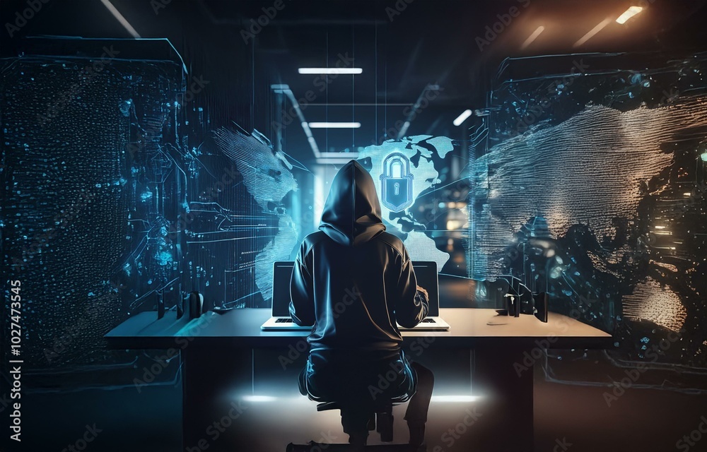 Poster a hooded figure sits at a desk in front of a laptop, illuminated by a blue glow. behind the person i