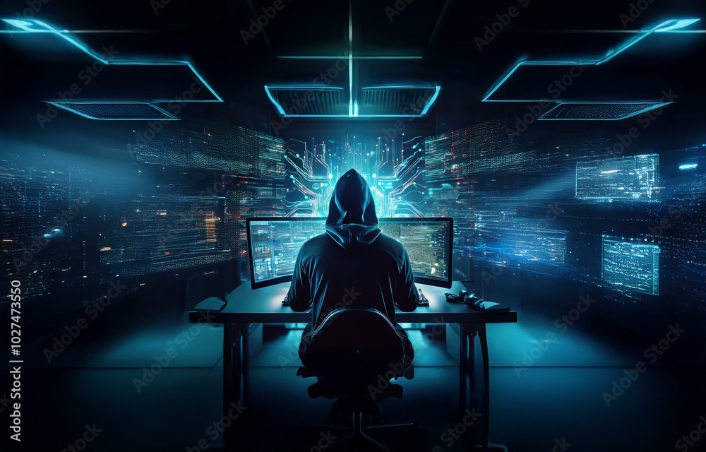 Poster A hooded figure sits at a computer with glowing blue screens filled with code and data.