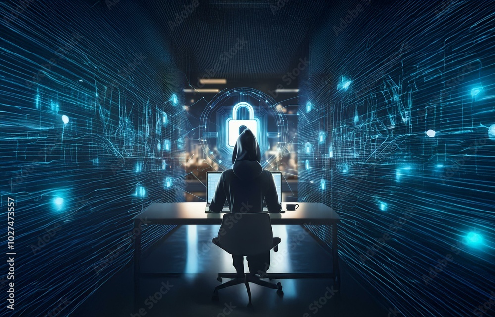 Poster A hooded figure sits in front of a computer with a glowing padlock icon in the background, representing online security and digital privacy.
