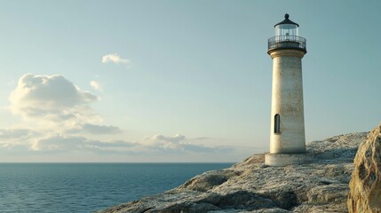 Naklejka premium Lighthouse standing on rocky coastline guiding ships at sea