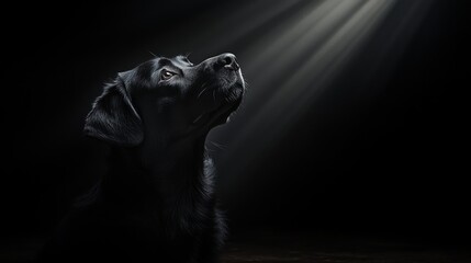 A black dog gazes upward, illuminated by a spotlight that contrasts its fur against a dark background, evoking mystery and curiosity in a dramatic setting.