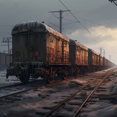 Obraz premium Rusty freight train wagons on railway track at sunset. Digital painting with warm light and detailed textures. Industrial transportation and cargo concept for design and print.