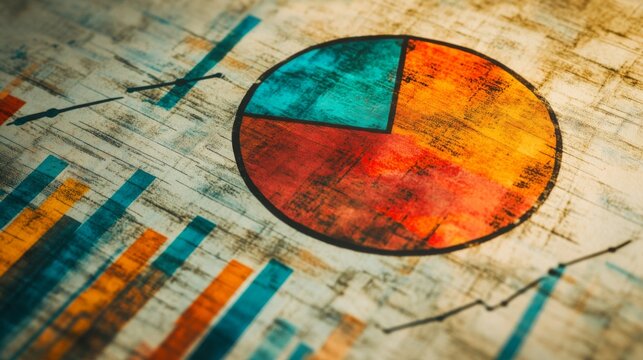 An abstract vintage-styled image featuring a pie chart with vibrant colors and various data lines, symbolizing analysis, statistics, creativity, and historical perspective.