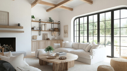 A bright and airy living room featuring cozy sofa, wooden furniture, and large windows that invite natural light. space exudes warm and inviting atmosphere, perfect for relaxation