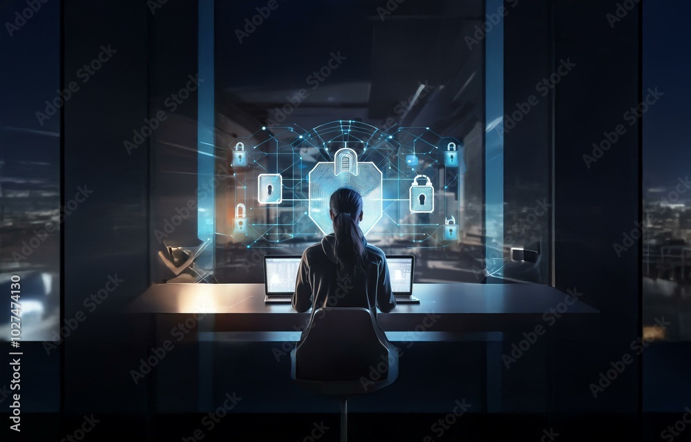 Poster a woman sits at a desk with two laptops in front of her and a glowing network of digital locks behin