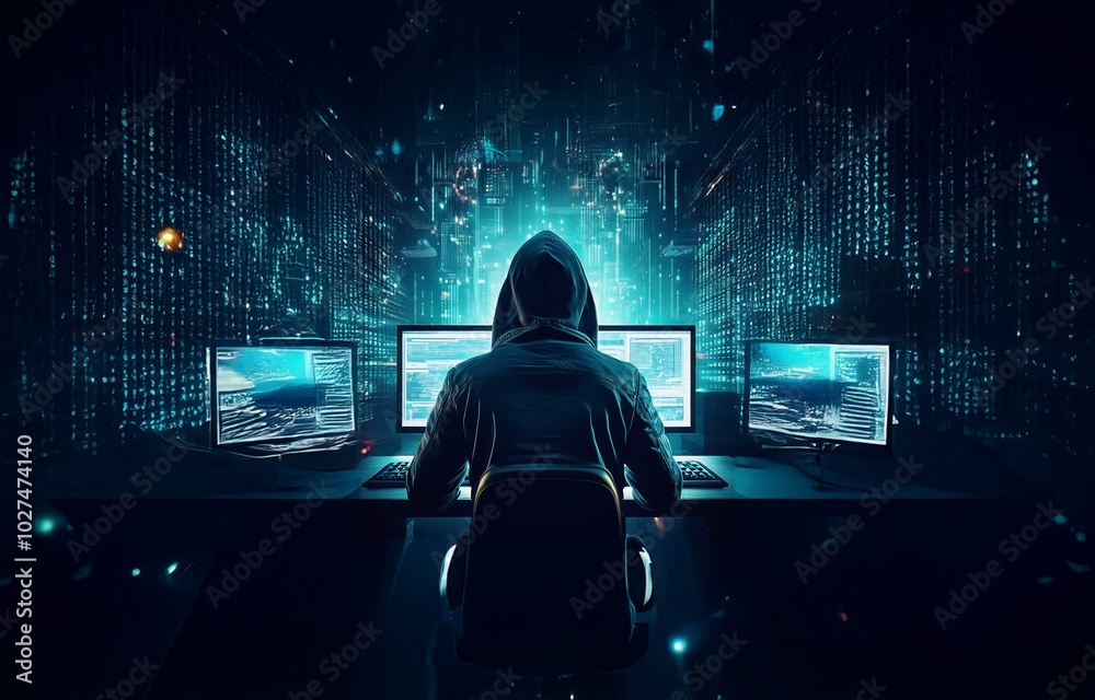 Poster A hooded figure sits in front of multiple computer monitors, surrounded by digital code.