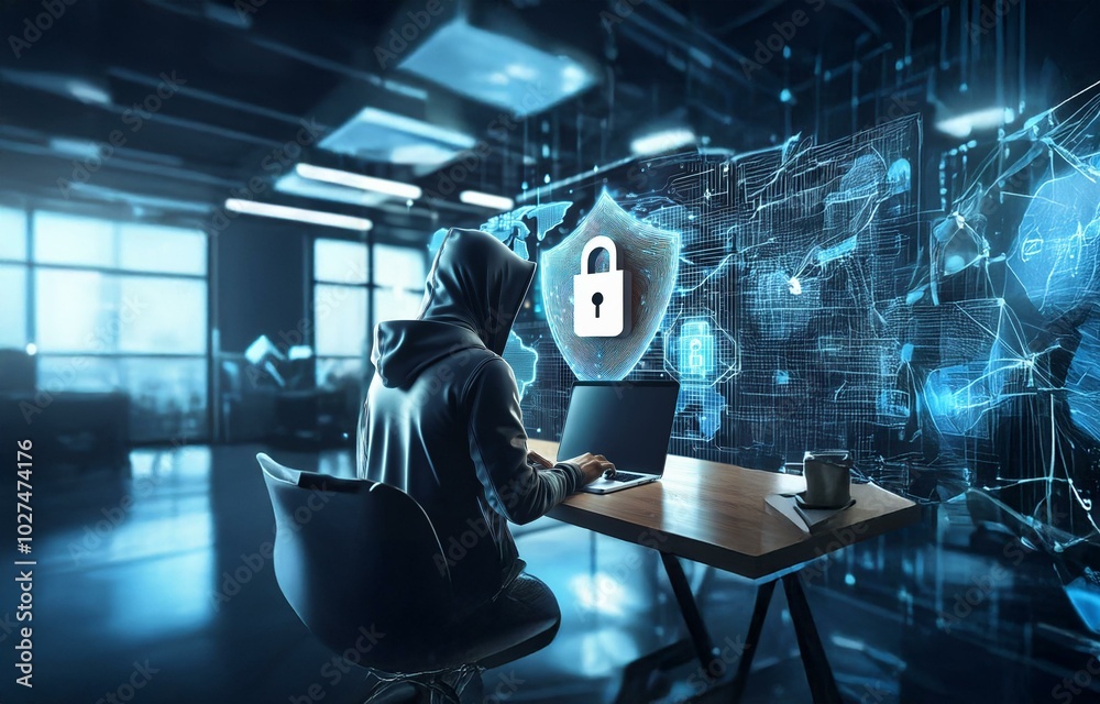 Poster a hooded figure sits at a desk, typing on a laptop with a glowing digital shield and lock icon behin