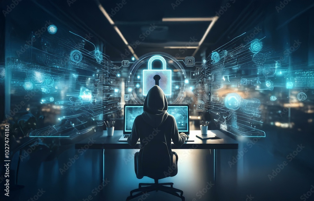 Poster A hooded figure sits in front of a computer, working on a task illuminated by a glowing padlock, surrounded by a network of digital data.