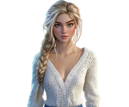 Transparent PNG of a woman with long blonde braid and white sweater, facing forward.