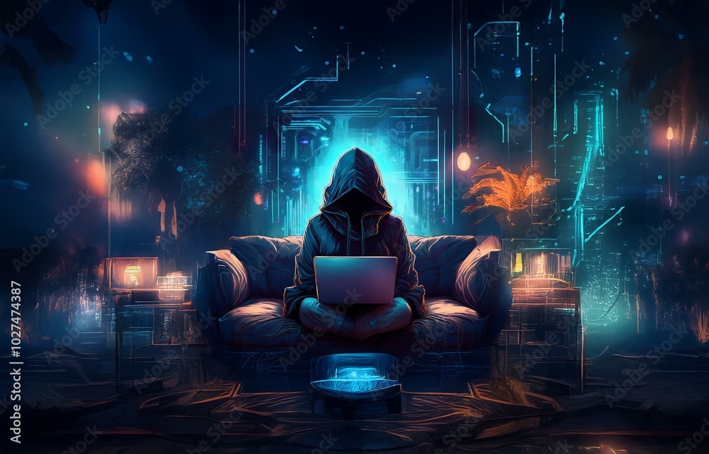 Poster a hooded figure sits on a couch in a dimly lit room, illuminated by glowing blue and orange lights. 