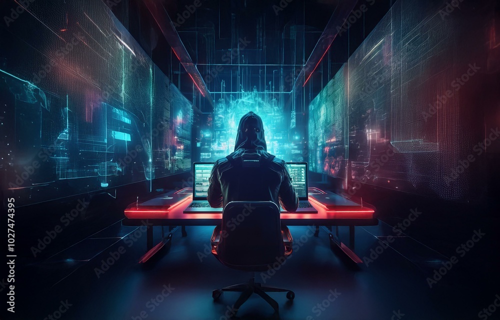 Poster A hooded figure sits at a computer desk in a dark room with glowing screens displaying a mix of blue and red digital code.