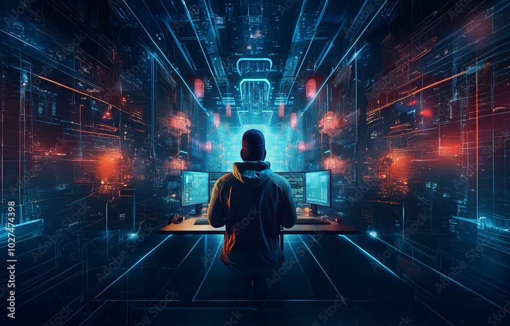 Poster A hooded figure sits in front of two computer monitors in a dark room with a futuristic, glowing neon and digital display.