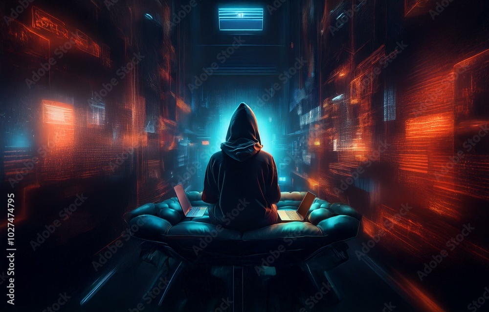 Poster A hooded figure sits in a dark room, illuminated by bright blue and red light. They are working on two laptops, possibly hacking into a system.