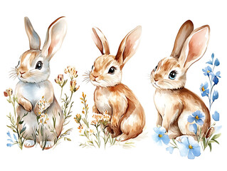 Fototapeta premium Whimsical watercolor bunnies surrounded by delicate flowers, showcasing their playful nature and charm. These adorable creatures evoke sense of joy and tranquility