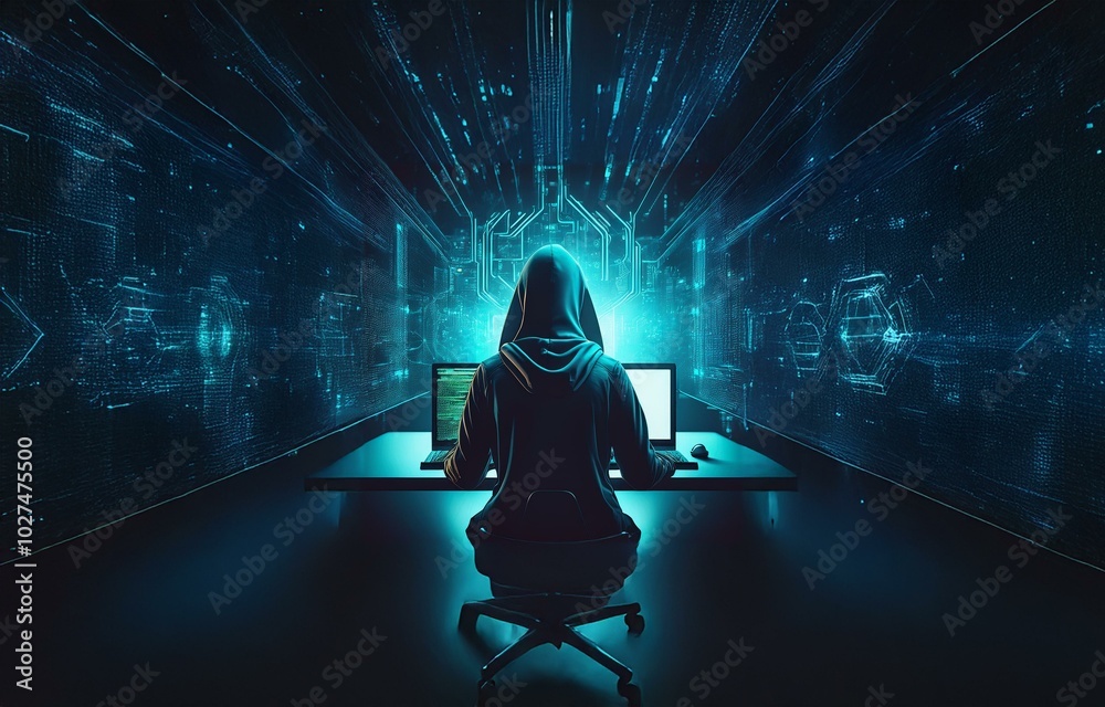 Aufkleber a hooded figure sits in front of a computer with a glowing blue digital background.