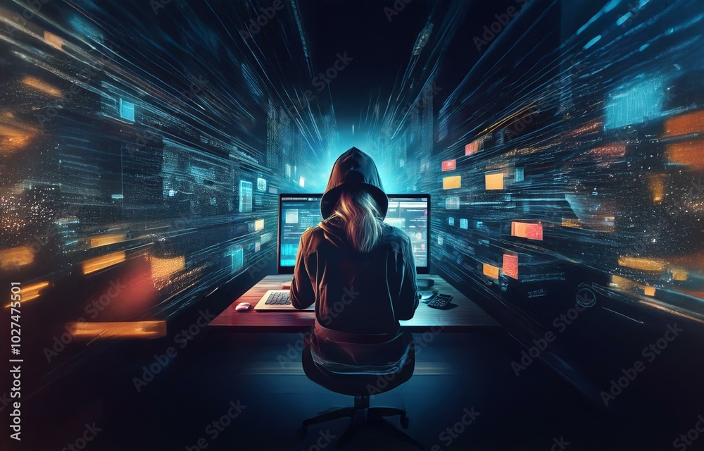 Poster A hooded figure sits in front of a computer, facing away from the viewer. Digital data streams illuminate the background, suggesting a virtual world.