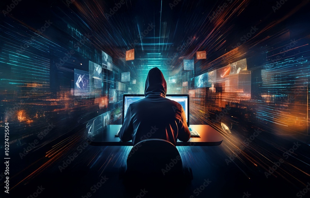 Poster a hooded figure sits in front of a glowing computer, surrounded by streaks of light and data.